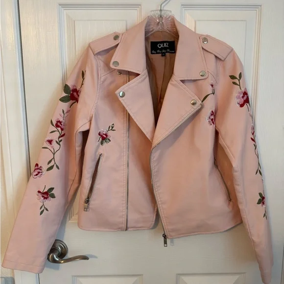 Kids 12 Pink Floral Embroidered faux leather  Jacket - Picture 5 of 8